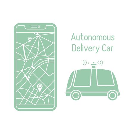 Vector illustration with self-driving car, automated car, autonomous vehicle,  driverless car. Navigation, remote control, tracking transport. Order in the application, delivery with robot car.のイラスト素材