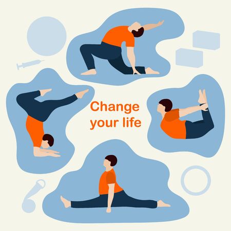 Vector illustration with person does yoga exercise, yoga pose on background of the yoga accessories. Healthy lifestyle. Balance training. Design for app, websites, print, presentationのイラスト素材