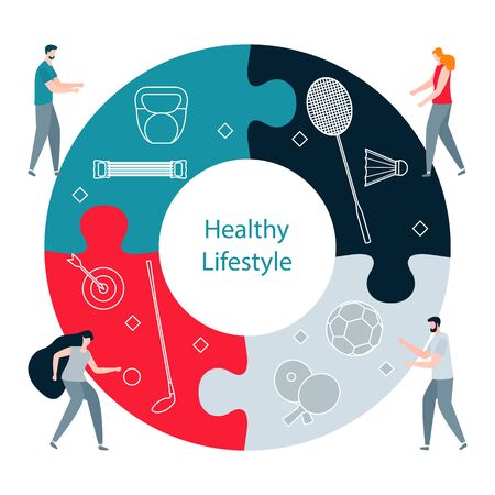 Vector illustration with people, puzzle, badminton, table tennis, golf equipment, kettlebell, chest expander training, darts, soccer ball. Sport. Healthy lifestyle. Design for websites, printのイラスト素材