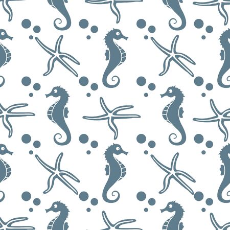 Vector seamless pattern with sea horses, starfish and bubbles. Marine background. Design for textile, banner, poster or print.のイラスト素材