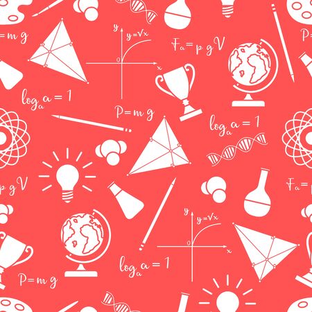 Vector seamless pattern with scientific, education elements: globe, formulas, flasks, molecules, atom, DNA, function graph, pencil, triangle. Design for websites, poster, apps, print.のイラスト素材