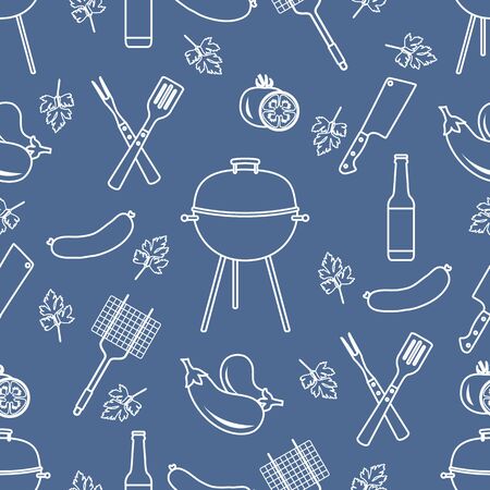 Seamless pattern with grill and barbecue tools. BBQ party background. Design for party card, banner, poster or print.のイラスト素材