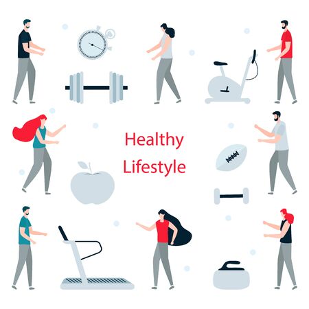 Vector illustration with people, exercise bike, american football ball, dumbbells, treadmill, stopwatch, apple, curling equipment. Sport. Healthy lifestyle. Design for websites, printのイラスト素材