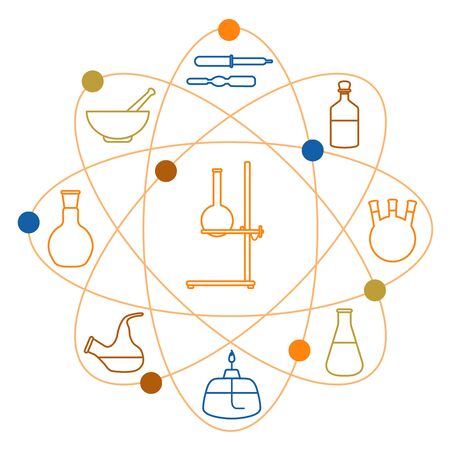 Vector illustration with atomic structure, glassware flasks, burner, equipment stand. Laboratory equipment. Education. Science day. Chemistry, biology, medicine, pharmacy, experiment.のイラスト素材