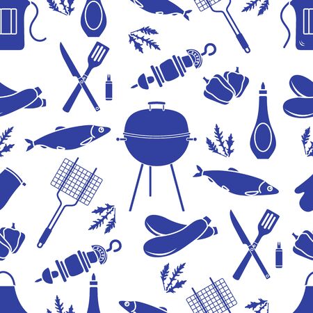 Seamless pattern with grill and barbecue tools. BBQ party background. Design for party card, banner, poster or print.のイラスト素材