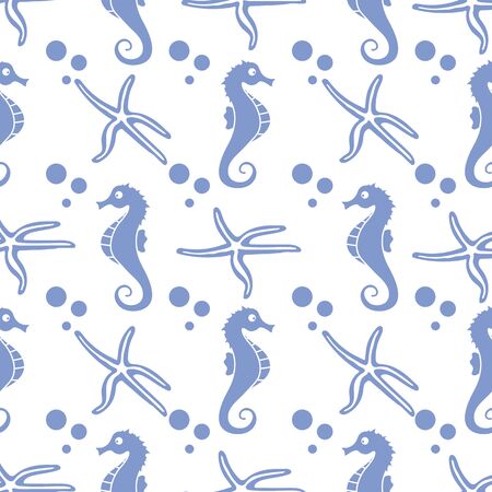 Vector seamless pattern with sea horses, starfish and bubbles. Marine background. Design for textile, banner, poster or print.のイラスト素材