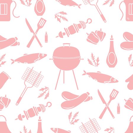 Seamless pattern with grill and barbecue tools. BBQ party background. Design for party card, banner, poster or print.のイラスト素材