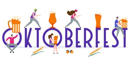 Festive vector illustration with inscription Oktoberfest, people, beer party elements. Munich Beer Festival Oktoberfest. Design for poster, party card, wrapping, fabric, print.のイラスト素材