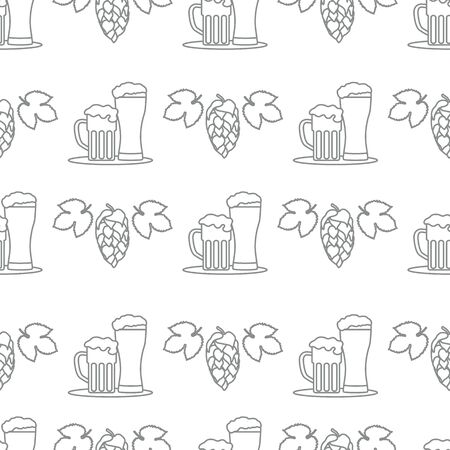 Festive seamless pattern with beer, mug, glass, hop cone, leaves. Beer party background. Munich Beer Festival Oktoberfest. Design for wrapping, fabric, print.のイラスト素材