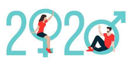 Happy new year vector illustration with 2020 year numbers, gender signs, seated man and woman waving each other in greeting. Design for web page, presentation, print.のイラスト素材