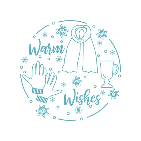 Happy new year 2020, Merry Christmas vector illustration. Scarf, snowflakes, mulled wine glass, gloves, warm wishes inscription. Design for wrapping, fabric, print.のイラスト素材