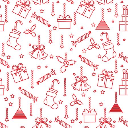 Happy new year 2020, Merry Christmas vector seamless pattern with mistletoe, bells, gifts, poppers, candy canes, Christmas sock. Design for wrapping, fabric, print.のイラスト素材
