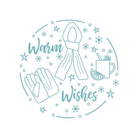 Happy new year 2020, Merry Christmas vector illustration. Scarf, snowflakes, cup of mulled wine, gloves, warm wishes inscription. Design for wrapping, fabric, print.のイラスト素材