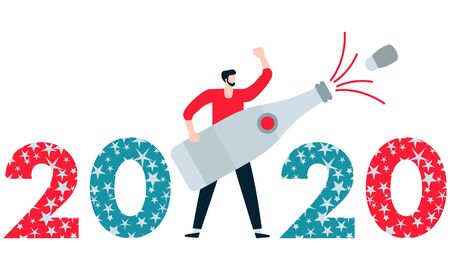 Happy New Year 2020, Merry Christmas vector illustration. Numbers 2020 decorated Christmas symbols, man with bottle of champagne. Festive background. Design for web page, print, postcard.のイラスト素材