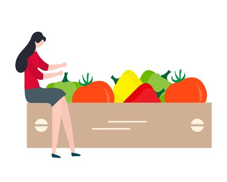 Vector illustration with people harvesting vegetables, boxes. Harvesting, agricultural work. Fall Harvest Fest design. Design for web page, presentation, print.のイラスト素材
