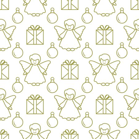 Happy new year 2020, Merry Christmas vector seamless pattern with angel, Christmas balls, gifts. Design for wrapping, fabric, print.のイラスト素材
