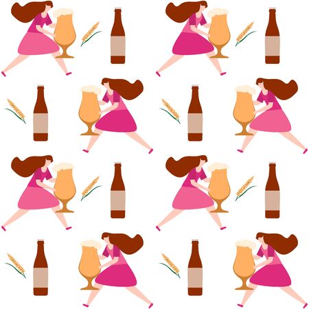 Festive seamless pattern. Vector illustration with people, beer, beer glass, mug, bottle, wheat. Beer party concept. Munich Beer Festival Oktoberfest. Design for fabric, print, wrapping paper.のイラスト素材