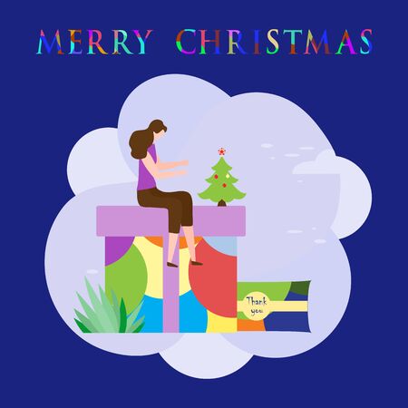 Happy New Year 2020 card. Merry Christmas. Vector illustration with woman decorate Christmas tree and gifts. New year, festive background. Design for web page, presentation, postcard, banner, print.のイラスト素材