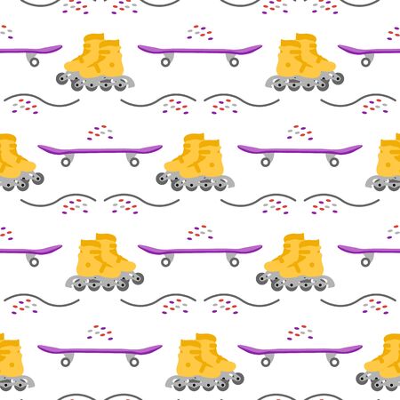 Vector seamless pattern with rollers, skateboard. Athletic, healthy lifestyle for every person. Family vacation. Sports background. Design for packaging paper, fabric, print.のイラスト素材