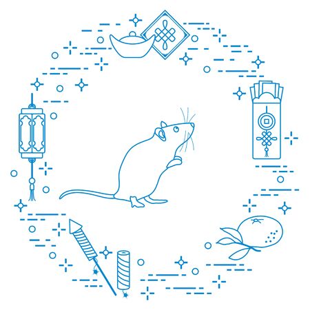Happy new year. Vector illustration with rat, chinese lantern, tangerine, envelope, fireworks, ingot. Holiday traditions, symbols Chinese New Year celebration. Rat zodiac sign, symbol of 2020 yearのイラスト素材