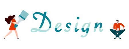 Vector illustration with people holding tools for painting works, design inscription. Painting, repair of premises. Building, construction, home repair tools. Design for web page, presentation, print.のイラスト素材