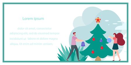 Happy New Year 2020 card. Merry Christmas. Vector illustration with people decorate Christmas tree. New year, festive background. Design for web page, presentation, postcard, banner, print. Flat styleのイラスト素材