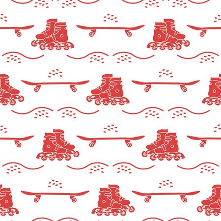 Vector seamless pattern with rollers, skateboard. Athletic, healthy lifestyle for every person. Family vacation. Sports background. Design for packaging paper, fabric, print.のイラスト素材
