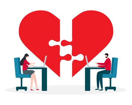 Vector illustration with online dating. Modern technology for dating. Virtual relationship and love. Communication between people through network. Design for website, app, banner, poster or print.のイラスト素材