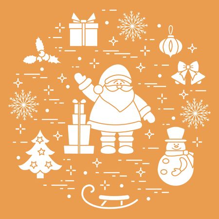 Merry Christmas Happy New Year 2020. Vector illustration  Santa Claus, gifts, bells, Christmas tree, mistletoe, snowman, sleigh, Christmas decorations, snowflakes. Festive background. Design for printのイラスト素材