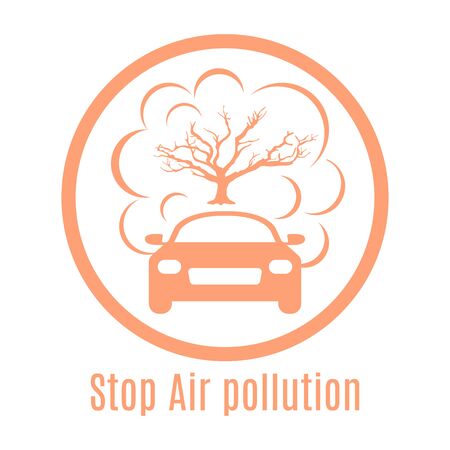 Vector illustration with car, emits smog exhaust, tree. Environmental pollution concept. CO2 emissions cloud dioxide. Smoke pollutant, damage, contamination, combustion products Ecology Air pollutionのイラスト素材