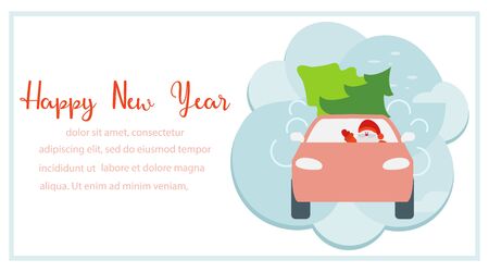 Happy new year 2020, Merry Christmas. Vector illustration with Santa Claus driving car, Christmas trees. Delivering gifts. Festive background. Design for greeting card, banner, poster or print.のイラスト素材