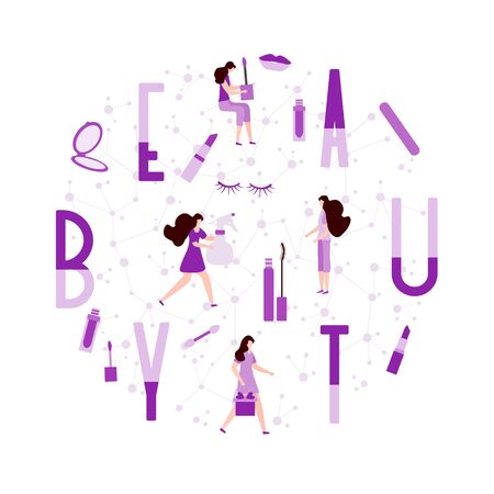 Vector illustration with girls, beauty inscription, mirror, lipstick, mascara, nail file, lips, eyelashes Beauty cosmetic salon Woman stuff, make up Decorative cosmetics Girls accessory conceptのイラスト素材