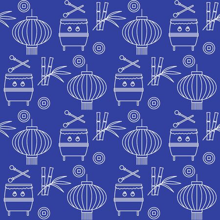 Vector seamless pattern with paper lantern, drum, bamboo. Traditional attributes national holidays of Asia. Culture of Korea, Japan, China. Happy new year 2020 Design for fabric, print, wrapping paperのイラスト素材