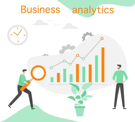 Vector illustration Investment growth, financial increase, development People Research, strategy selection, statistics, planning, marketing, study of performance indicators Business analysis conceptのイラスト素材