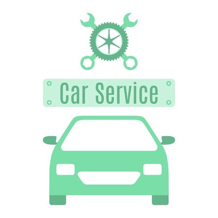 Car service vector illustration concept. Car, wheel, repair tools, sign. Auto diagnostics center, automobile maintenance station. Tire service, sale of spare parts, repair. Design for web, app, printのイラスト素材