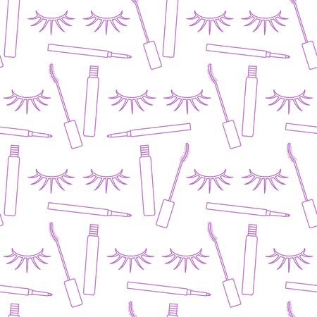 Vector seamless pattern with eyelashes, mascara, pencil. Decorative cosmetics, makeup background. Glamour fashion vogue style. Design for textile, wrapping, print.のイラスト素材
