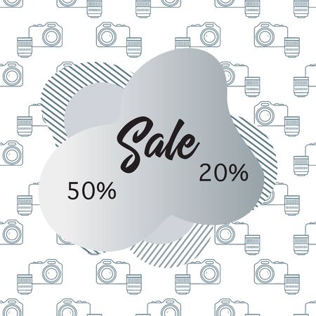 Seamless pattern Camera, inscription Sale 50, 20 percent price reduction advert. Black Friday, Cyber Monday background. Purchase. Discount promo layout. Design for website, presentation, poster, printのイラスト素材