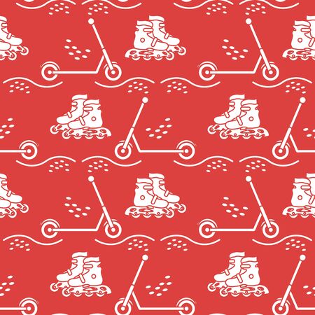 Vector seamless pattern with rollers, kick scooter. Athletic, healthy lifestyle for every person. Family vacation. Sports background. Design for packaging paper, fabric, print.のイラスト素材