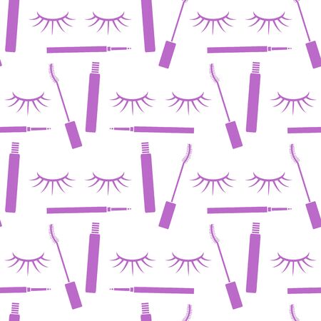Vector seamless pattern with eyelashes, mascara, pencil. Decorative cosmetics, makeup background. Glamour fashion vogue style. Design for textile, wrapping, print.のイラスト素材