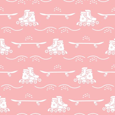 Vector seamless pattern with rollers, skateboard. Athletic, healthy lifestyle for every person. Family vacation. Sports background. Design for packaging paper, fabric, print.のイラスト素材