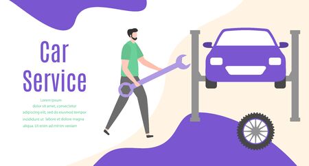 Car service vector illustration concept. Car, man, wheel, repair tools. Auto diagnostics center, automobile maintenance station. Tire service, sale of spare parts, repair. Design for web, app, printのイラスト素材
