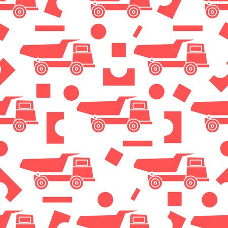 Vector seamless pattern with kid toys. Dump truck, cubes, blocks for construction. Primary school, elementary grade, kindergarten. Happy childhood activity. Design for textile, wrapping, print.のイラスト素材