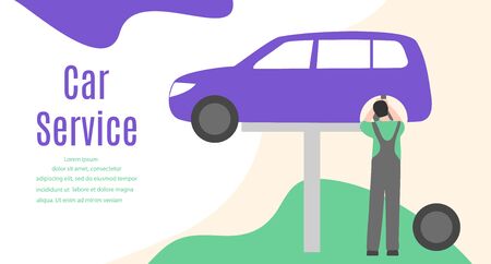 Car service vector illustration concept. Car, man, wheel, repair tools. Auto diagnostics center, automobile maintenance station. Tire service, sale of spare parts, repair. Design for web, app, printのイラスト素材
