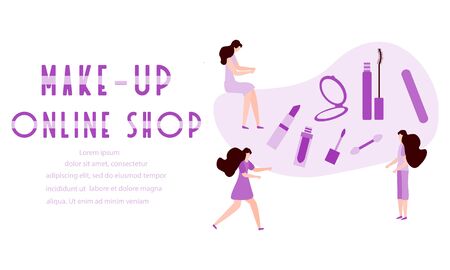 Vector illustration with girls, make-up online shop inscription, mirror, lipstick, mascara, nail file. Decorative cosmetics. Online shopping concept. Beauty Fashion style. Woman stuff, makeupのイラスト素材