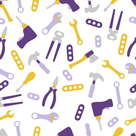 Vector seamless pattern with kid toys Toy tools Hammer, wrench, screwdriver, detail, drill, ax, adjustable wrench Primary school elementary grade kindergarten Happy childhood activity Design for printのイラスト素材