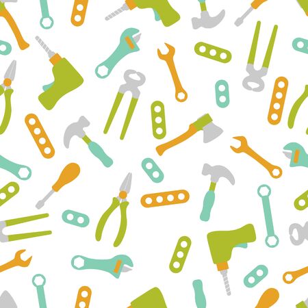 Vector seamless pattern with kid toys Toy tools Hammer, wrench, screwdriver, detail, drill, ax, adjustable wrench Primary school elementary grade kindergarten Happy childhood activity Design for printのイラスト素材