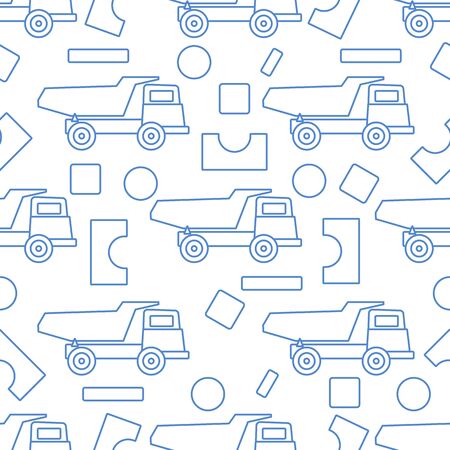 Vector seamless pattern with kid toys. Dump truck, cubes, blocks for construction. Primary school, elementary grade, kindergarten. Happy childhood activity. Design for textile, wrapping, print.のイラスト素材