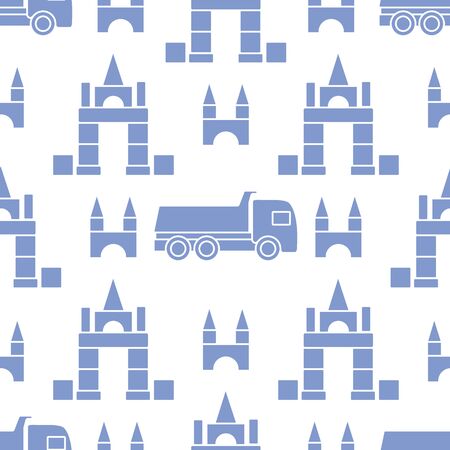 Vector seamless pattern with kid toys. Dump truck, cubes, blocks for construction. Primary school, elementary grade, kindergarten. Happy childhood activity. Design for textile, wrapping, print.のイラスト素材