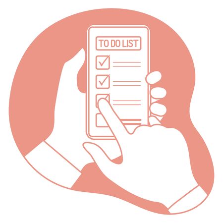Vector illustration with hand holds smartphone and notes completed tasks in the list of what to do in application on phone. Checking on To Do List. Business Concept. Design for websites, printのイラスト素材