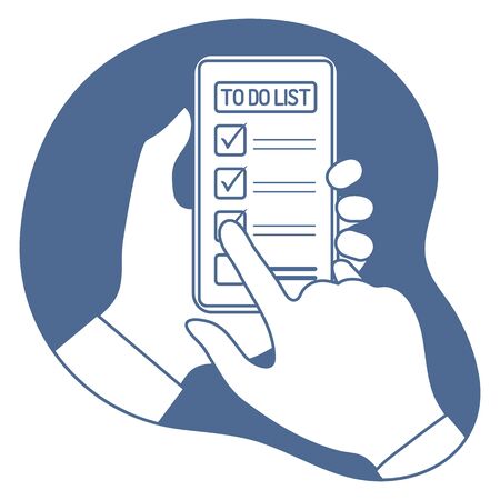 Vector illustration with hand holds smartphone and notes completed tasks in the list of what to do in application on phone. Checking on To Do List. Business Concept. Design for websites, printのイラスト素材